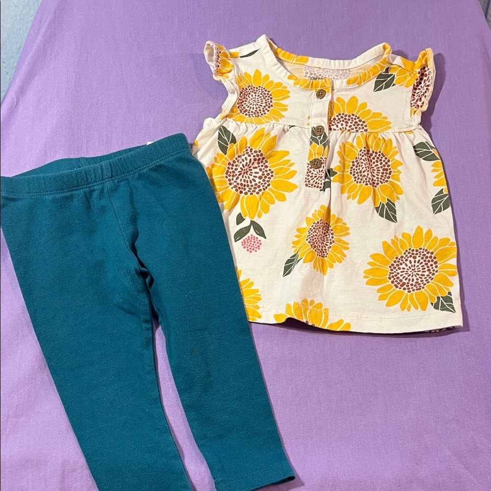5 for $10 💜 Carter's Sunflower Top and Teal Leggings Set Size 12 Months